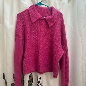 Free People Collared Pink Cable Knit Sweater